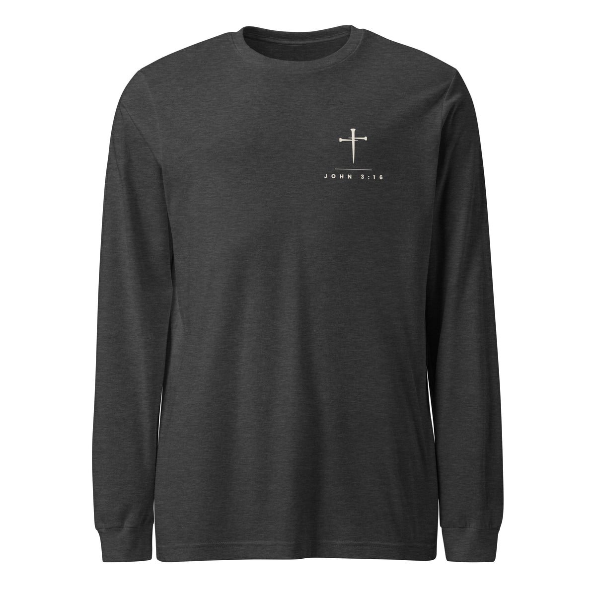 Dark grey heather long sleeve tee with a small cream three-nail cross and JOHN 3:16 on the wearer's left chest