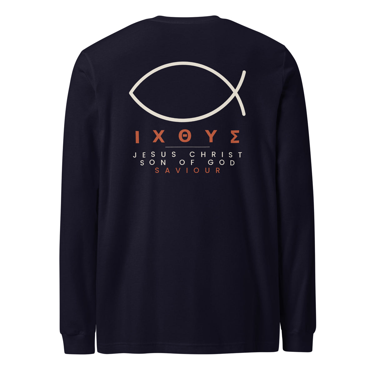 Back of a navy long sleeve tee with a large cream ichthys fish above IXOYE in rust and Jesus Christ Son of God Saviour beneath