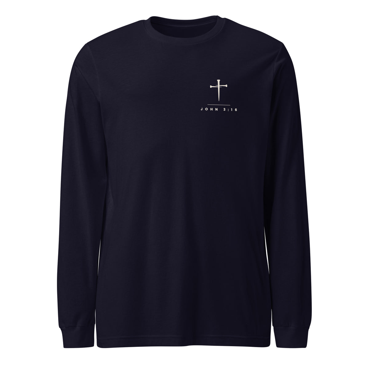 Navy long sleeve tee with a small cream three-nail cross and JOHN 3:16 on the wearer's left chest