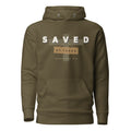 Saved By Jesus hoodie in military green, front view with SAVED above a titulus board hanging from the cross and Ephesians 2:8