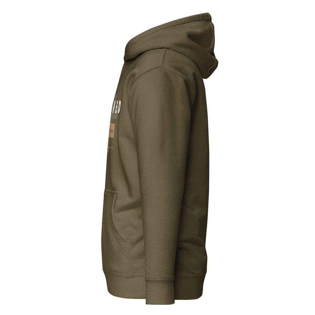 Saved By Jesus hoodie in military green, left side view