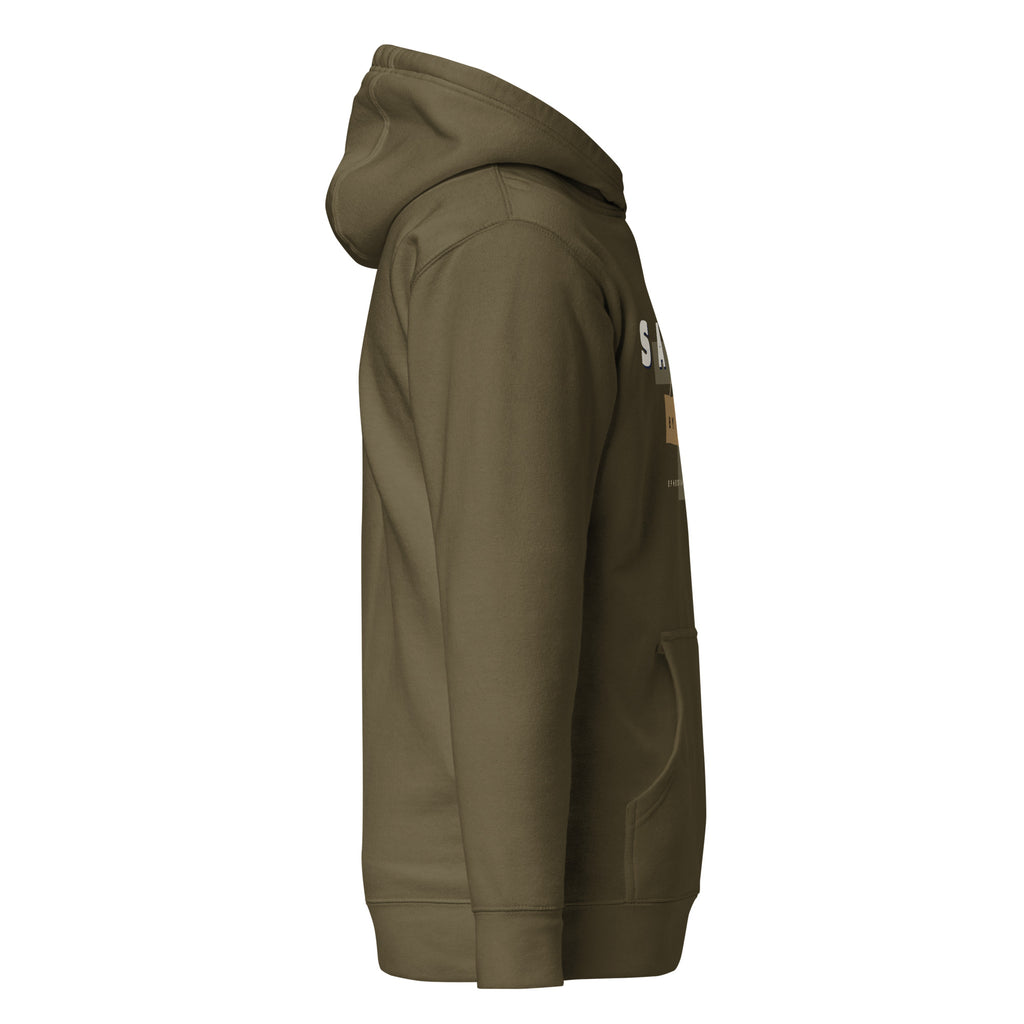 Saved By Jesus hoodie in military green, right side view