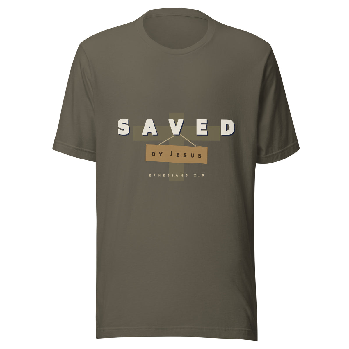 Army green unisex t-shirt with SAVED across the chest, the BY JESUS titulus board and Ephesians 2:8 beneath