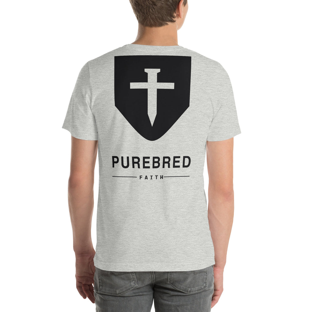 Back of the athletic heather Shepherd tee showing the printed PureBred Faith shield with its nail-cross emblem