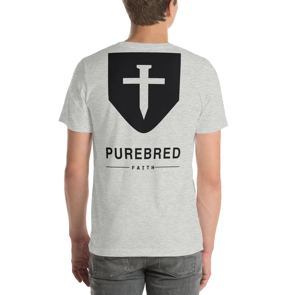 Back of the athletic heather Shepherd tee showing the printed PureBred Faith shield with its nail-cross emblem