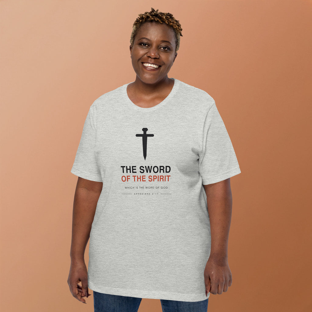 The Sword Of The Spirit T-Shirt — model wearing the athletic heather tee, front view showing the sword and Ephesians 6:17 lettering