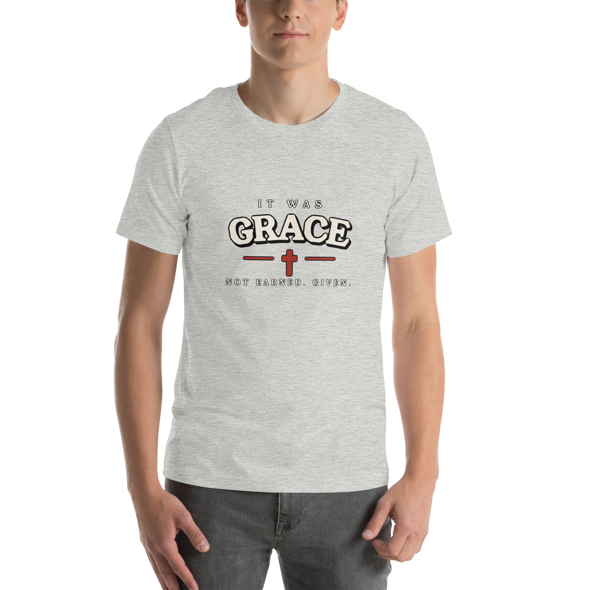 It Was Grace Christian t-shirt in grey - front view of the varsity GRACE print with a red cross and the line Not Earned. Given.