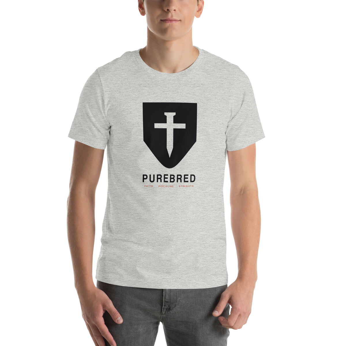 PureBred Shield Cross Christian t-shirt with nail-cross crest emblem - athletic heather, front view