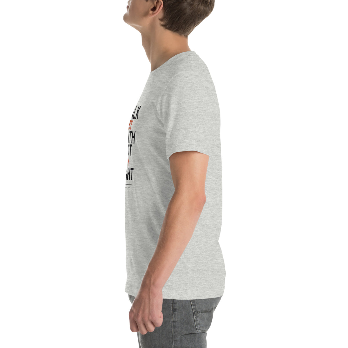 Walk By Faith Not By Sight Christian t-shirt, 2 Corinthians 5:7 streetwear print — athletic heather, left side