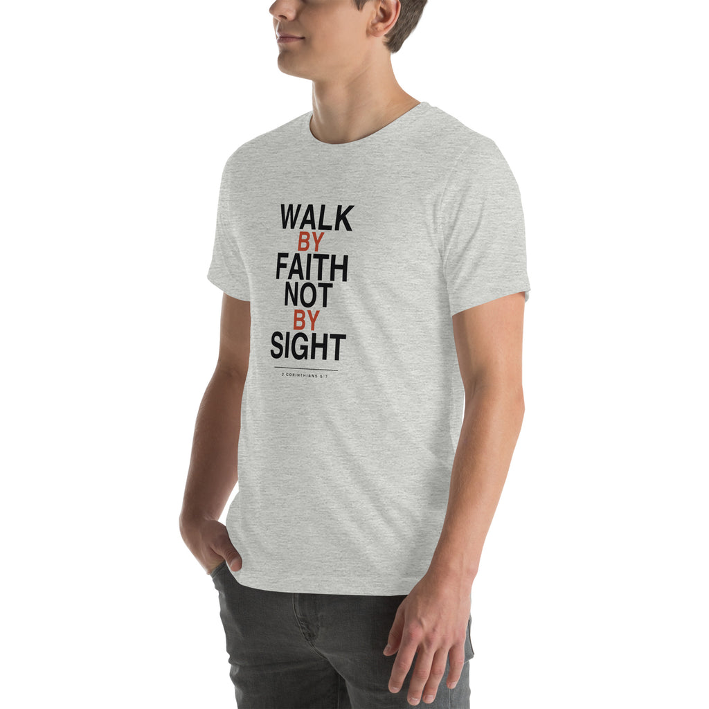 Walk By Faith Not By Sight Christian t-shirt, 2 Corinthians 5:7 streetwear print — athletic heather, left three-quarter view