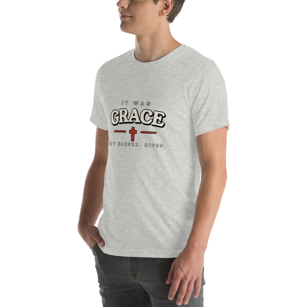 It Was Grace Christian t-shirt in grey, three-quarter left view showing the chest print