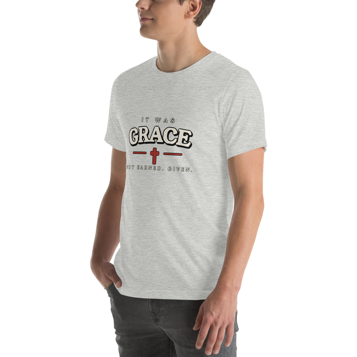 It Was Grace Christian t-shirt in grey, three-quarter left view showing the chest print