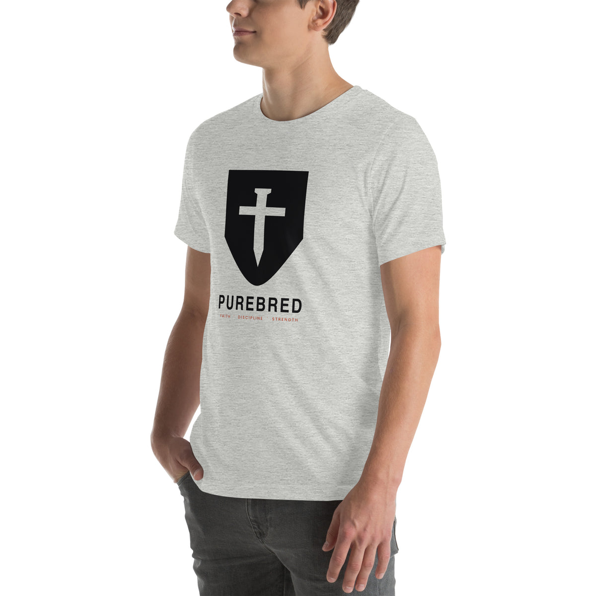 PureBred Shield Cross Christian t-shirt - athletic heather, three-quarter left view