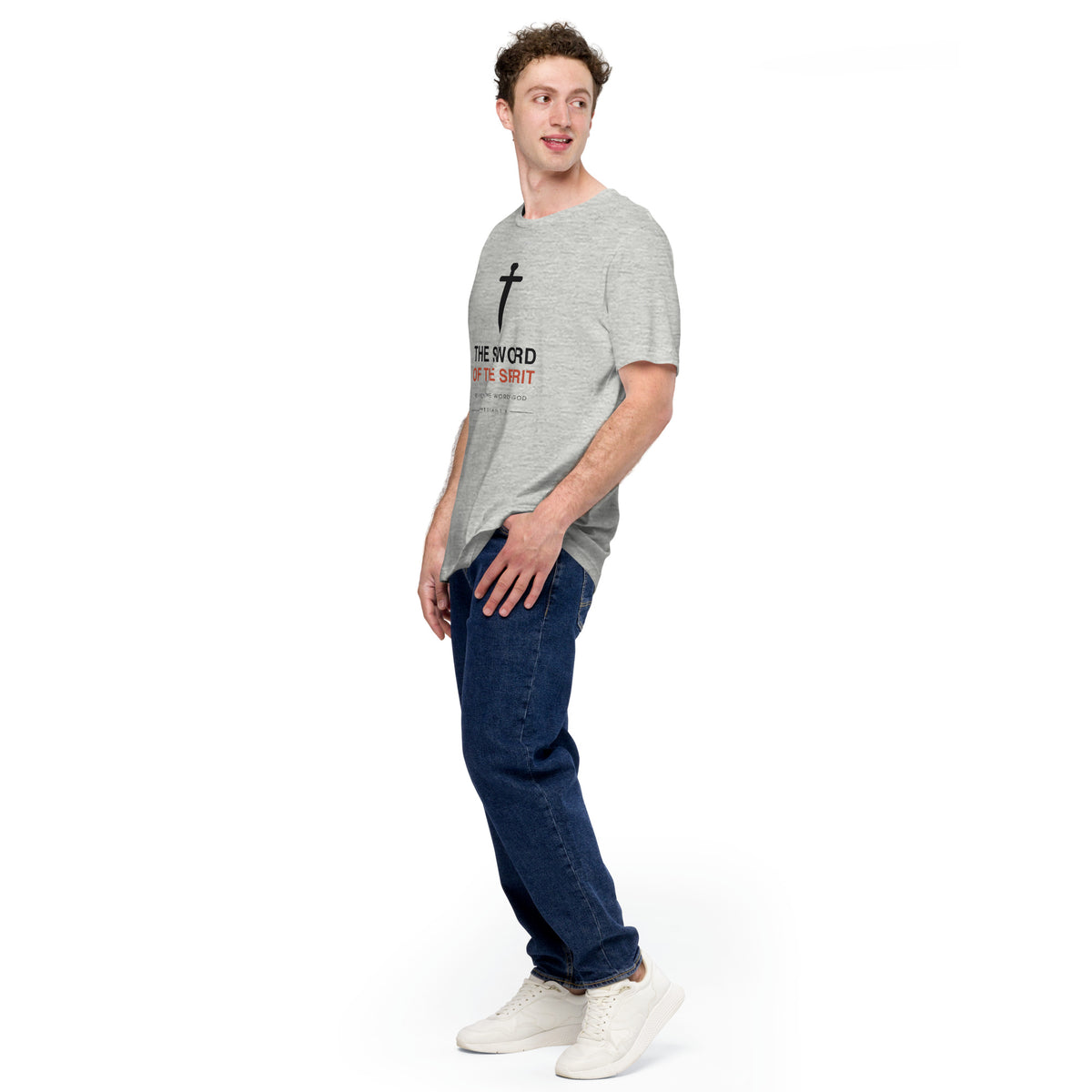 The Sword Of The Spirit T-Shirt — athletic heather tee, full-length view on model