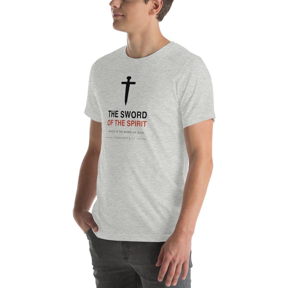 The Sword Of The Spirit T-Shirt — athletic heather tee, left three-quarter view on model