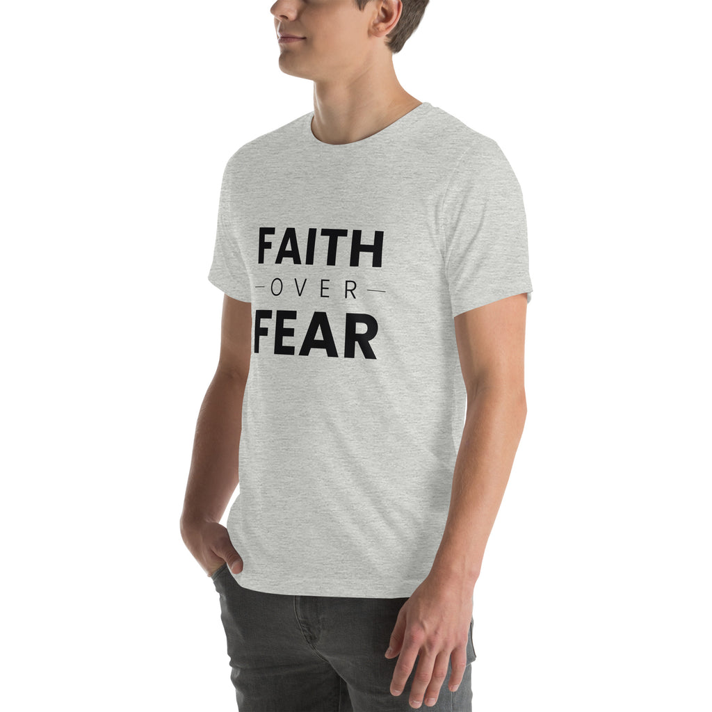 Faith Over Fear T-Shirt — athletic heather unisex tee, left three-quarter view