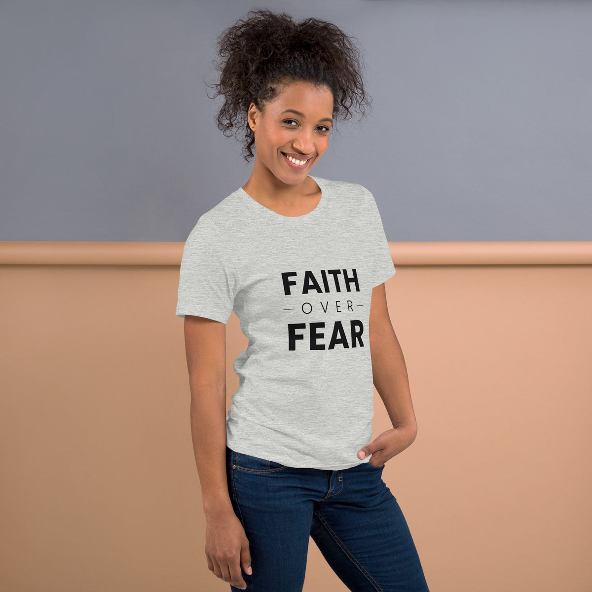 Faith Over Fear T-Shirt — model in the athletic heather tee, close view