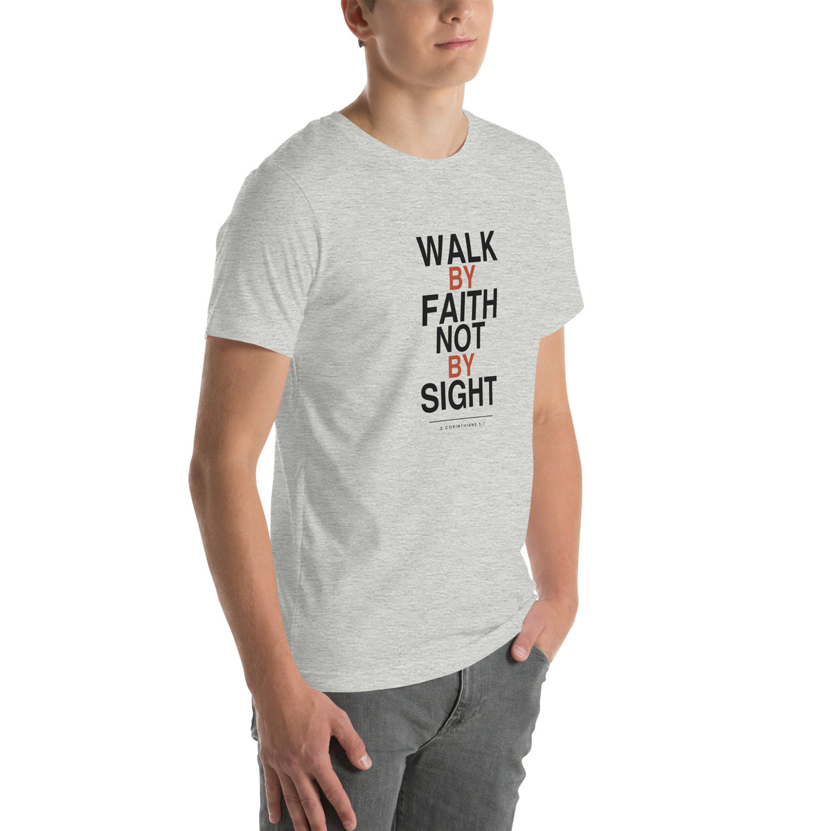 Walk By Faith Not By Sight Christian t-shirt, 2 Corinthians 5:7 streetwear print — athletic heather, right three-quarter view
