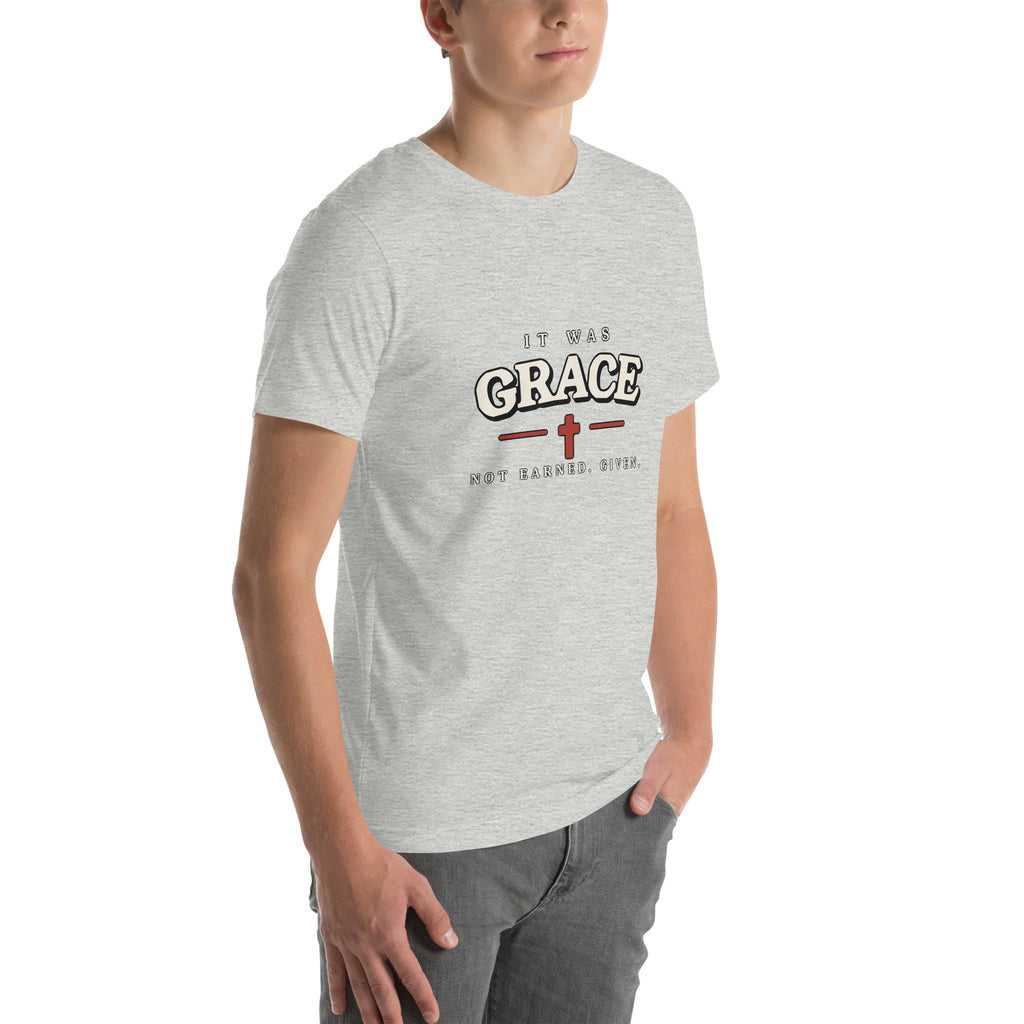 It Was Grace Christian t-shirt in grey, three-quarter right view showing the chest print