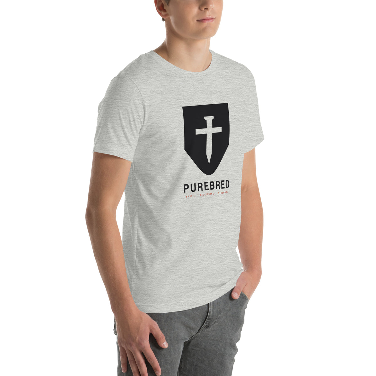 PureBred Shield Cross Christian t-shirt - athletic heather, three-quarter right view