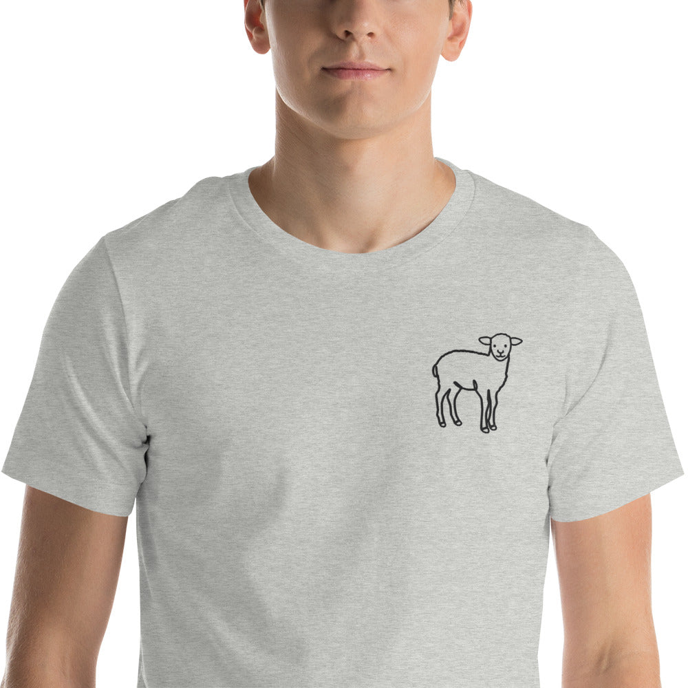 He Shepherds Us Through - Unisex Tee — athletic heather unisex t-shirt, close-up of the print
