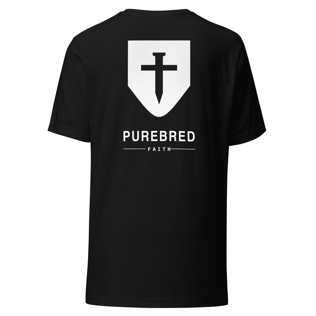 John 3:16 Cross & Nails T-Shirt — black tee, back view with the PureBred Faith shield and wordmark