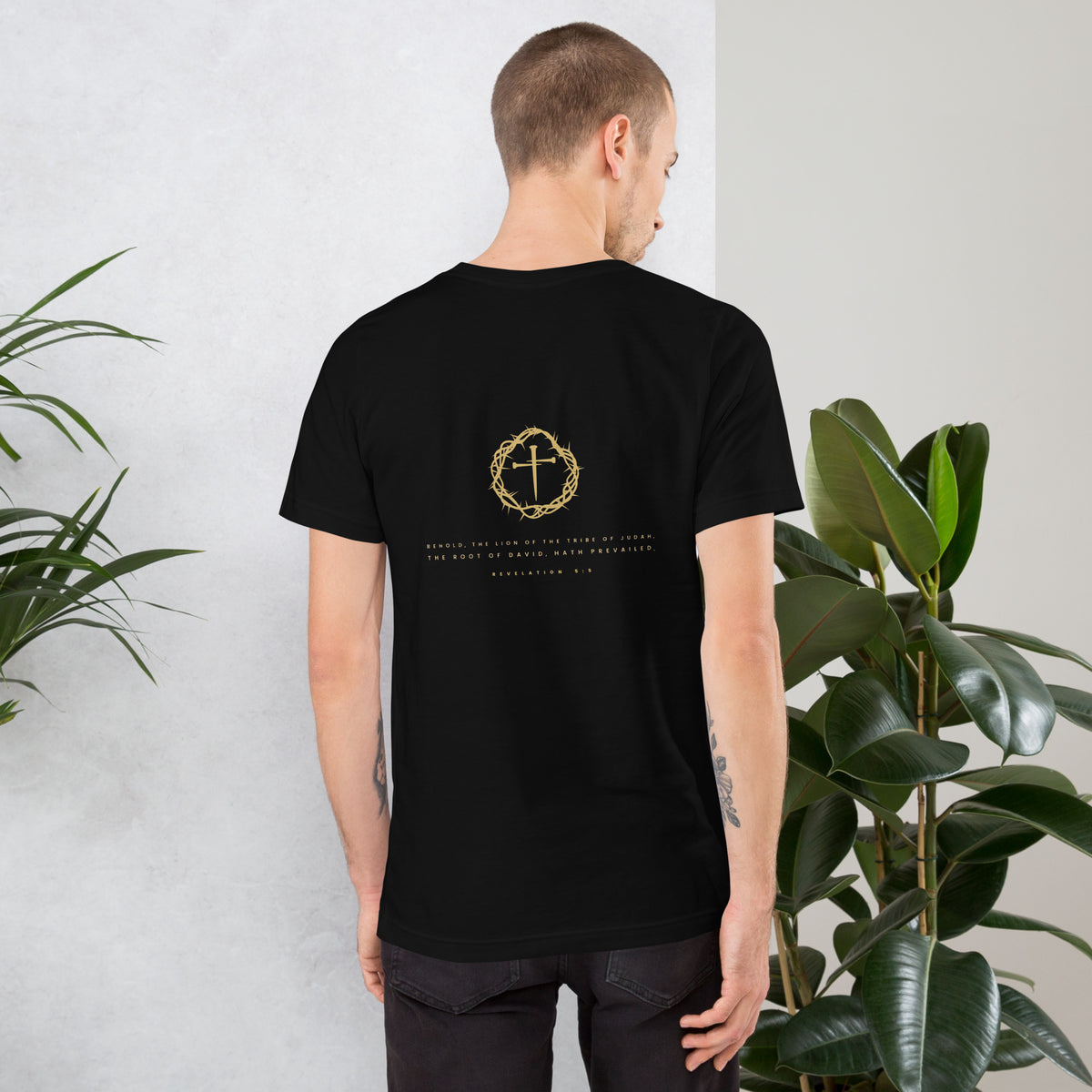 Lion of Judah Revelation 5:5 gold Christian t-shirt — black, alternate back view of the Revelation 5:5 print