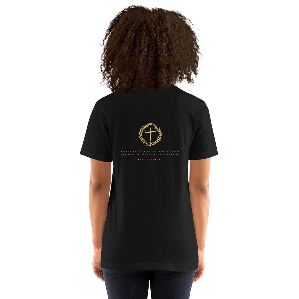 Lion of Judah Revelation 5:5 gold Christian t-shirt — black, second alternate back view of the Revelation 5:5 print