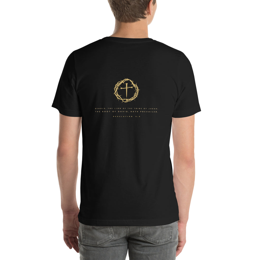 Lion of Judah Revelation 5:5 gold Christian t-shirt — black, back view with the crown, cross and Revelation 5:5 verse
