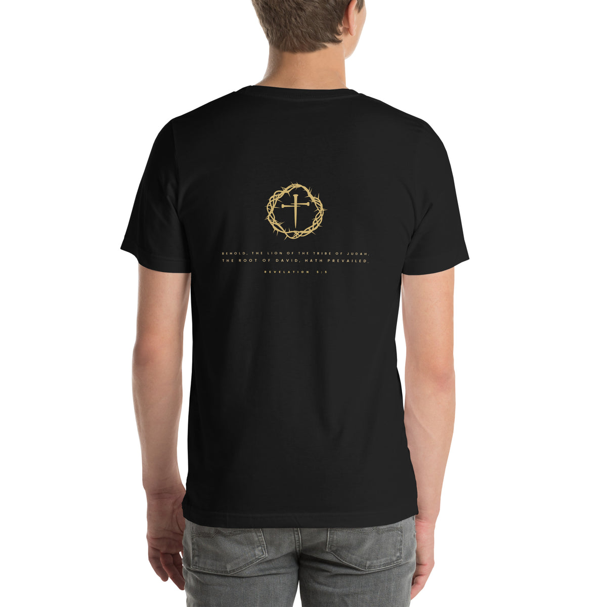 Lion of Judah Revelation 5:5 gold Christian t-shirt — black, back view with the crown, cross and Revelation 5:5 verse