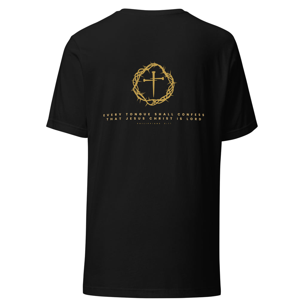Titulus t-shirt back with crown and cross mark and Philippians 2:11, black