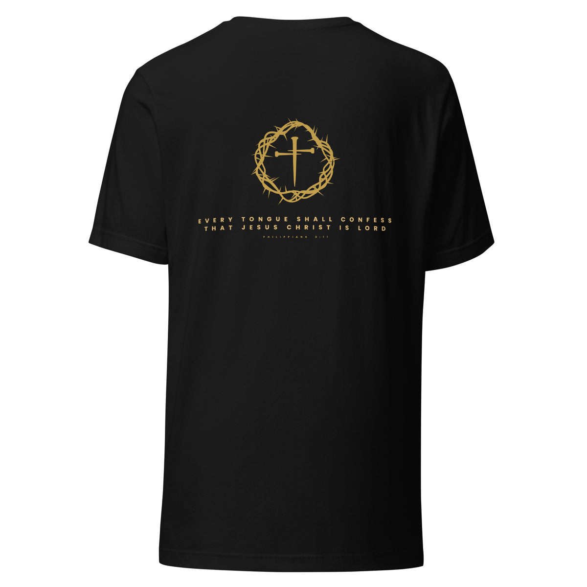 Titulus t-shirt back with crown and cross mark and Philippians 2:11, black