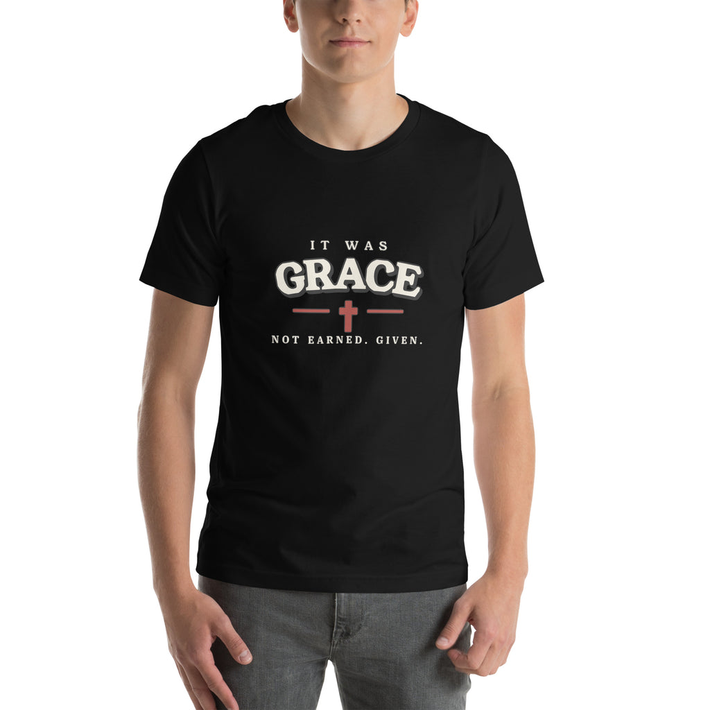 It Was Grace Christian t-shirt in black - front view of the varsity GRACE print with a red cross and the line Not Earned. Given.