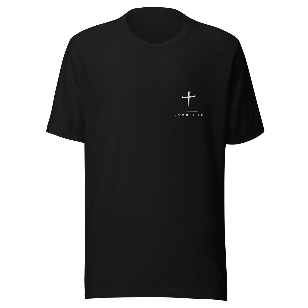 John 3:16 Cross & Nails T-Shirt — black tee, front view with the cross and three nails on the left chest