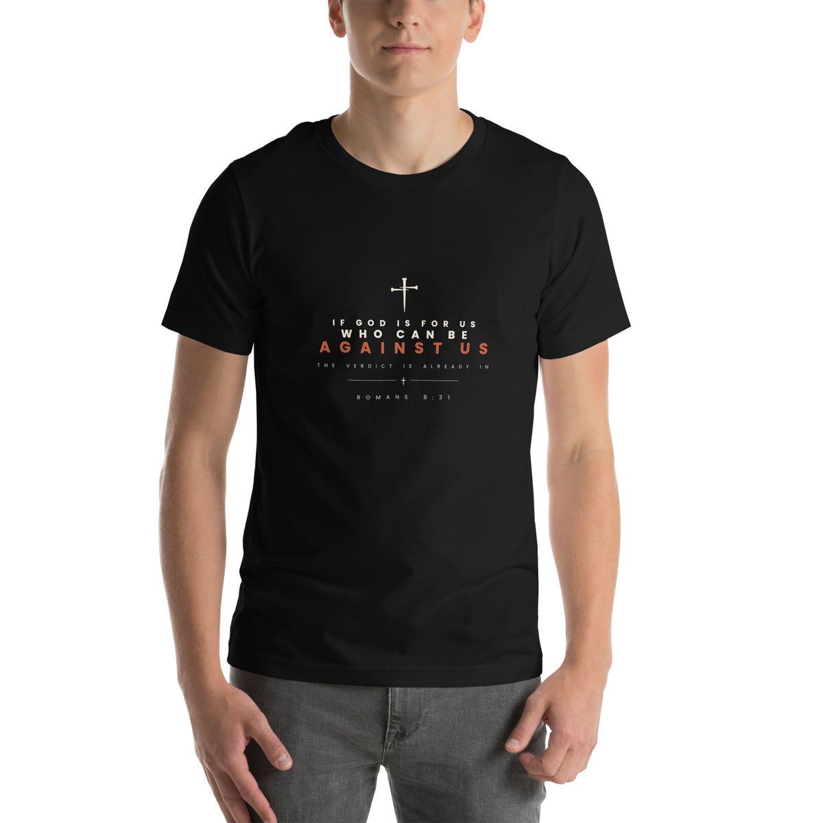 If God Is For Us Romans 8:31 Christian t-shirt — black, front view of the cream and rust chest print