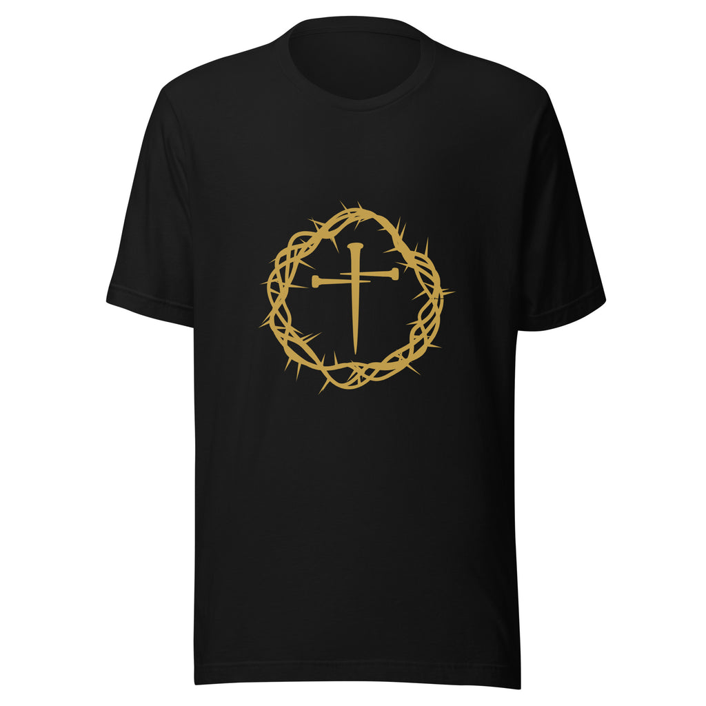 Gold crown of thorns and nails on a black Christian t-shirt - PureBred Faith