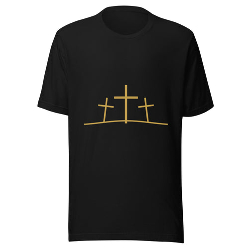 Calvary three crosses gold line art Christian t-shirt — black, front view