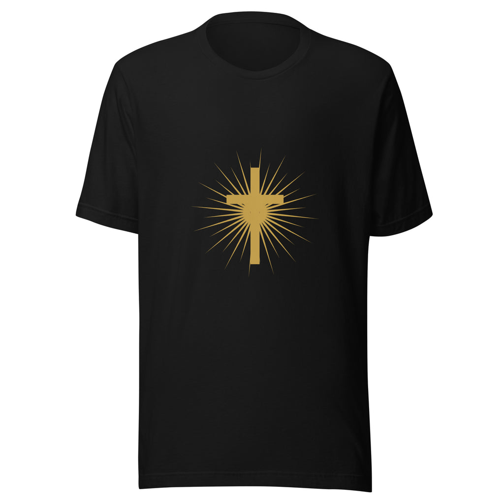 Radiant Cross Light of the World gold Christian t-shirt — black, front view