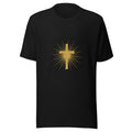 Radiant Cross Light of the World gold Christian t-shirt — black, front view