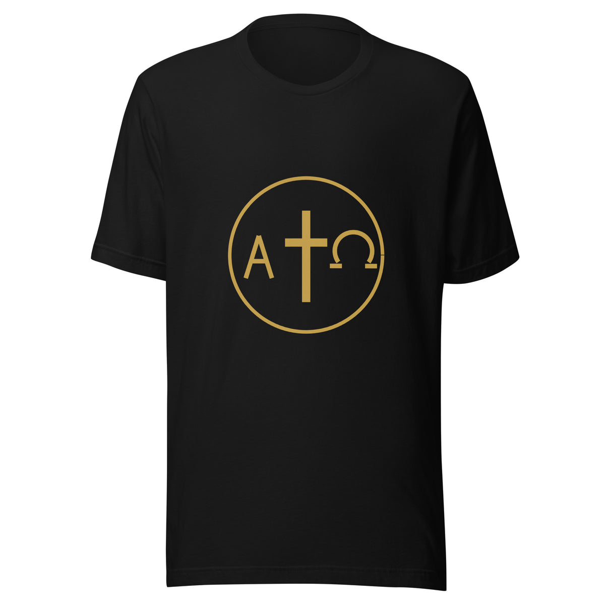Alpha and Omega gold cross Christian t-shirt — black, front view
