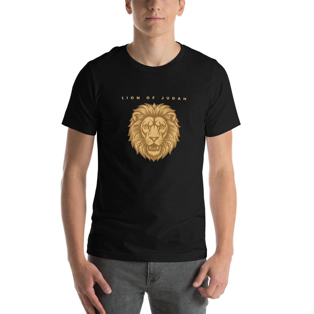 Lion of Judah Revelation 5:5 gold Christian t-shirt — black, front view of the gold lion and title