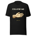 Follow Me nail-pierced hand gold t-shirt by PureBred Faith, black, front