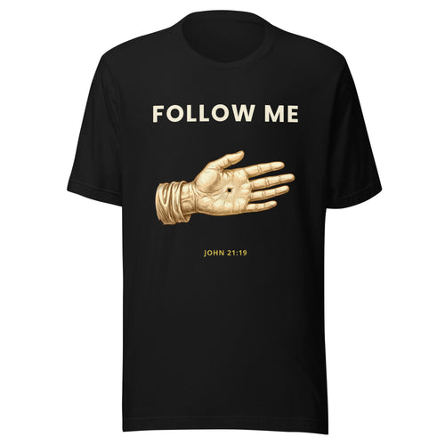 Follow Me nail-pierced hand gold t-shirt by PureBred Faith, black, front