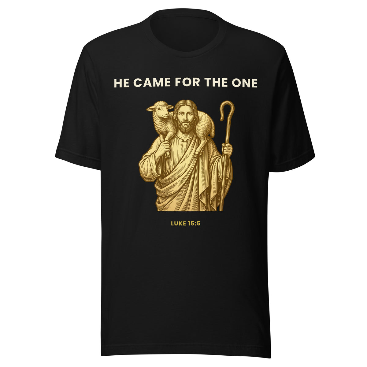 He Came For The One Good Shepherd gold t-shirt by PureBred Faith, black, front