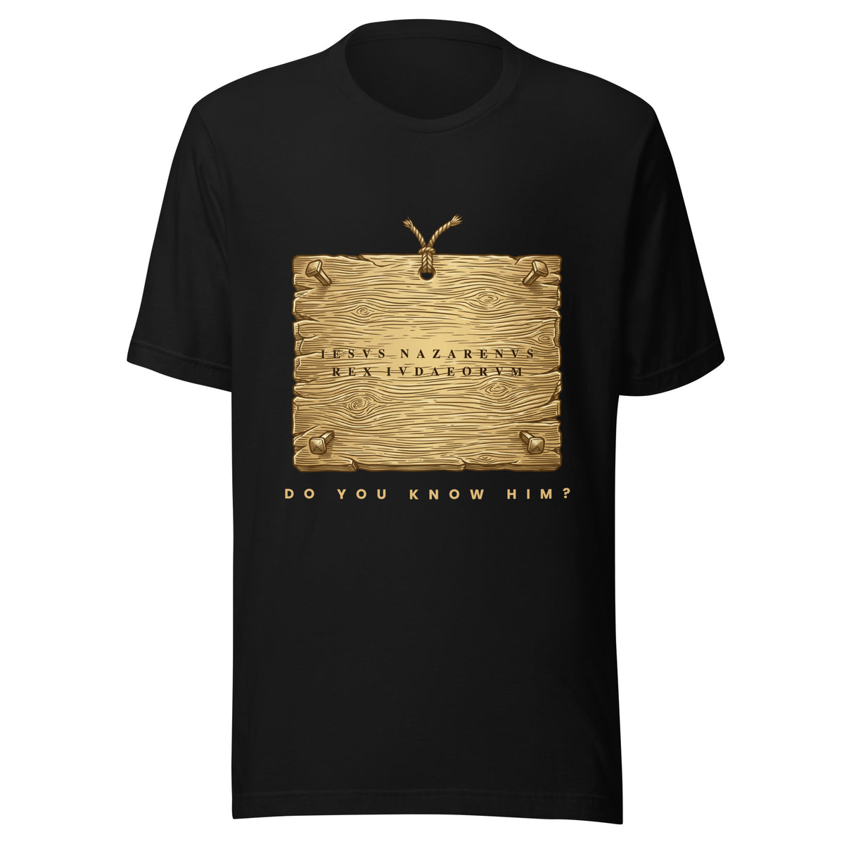 Titulus Latin carved sign gold t-shirt by PureBred Faith, black, front
