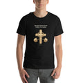 Black t-shirt, front: gold cross and barbell with crown of thorns under the words The Bar Was Never Yours To Carry