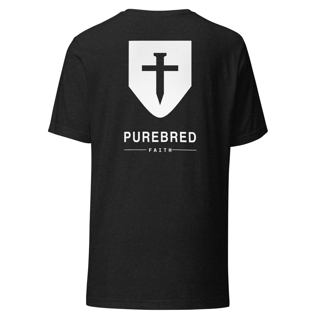 John 3:16 Cross & Nails T-Shirt — black heather tee, back view with the PureBred Faith mark