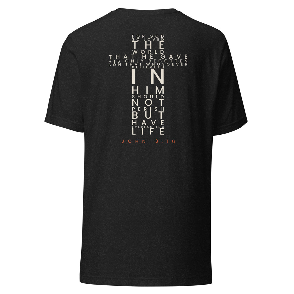 John 3:16 Scripture Cross Christian t-shirt — black heather, back view with the full verse set in the shape of a cross