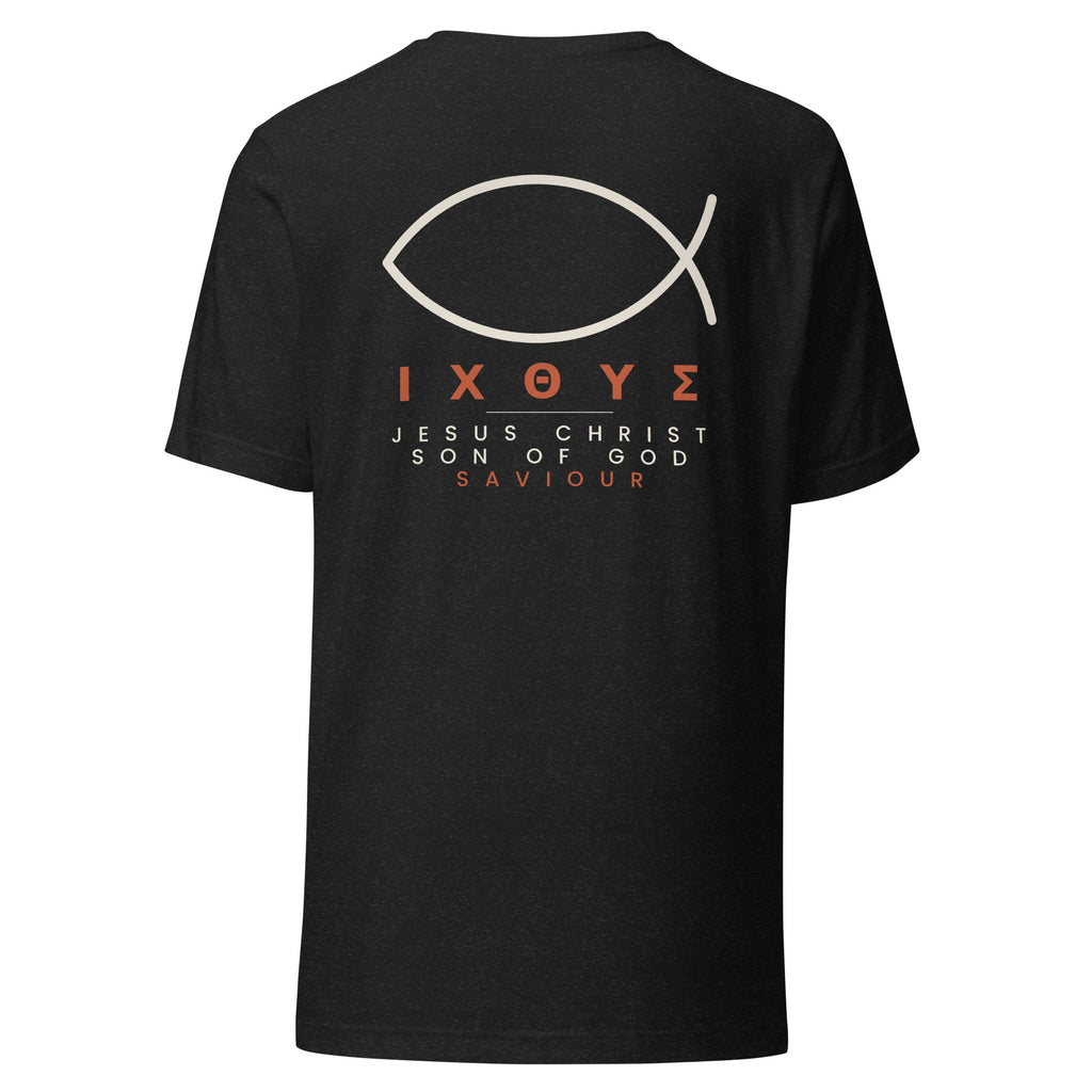 Ichthys Christian t-shirt - black heather, back view with the early-church fish and the Greek word ICHTHYS