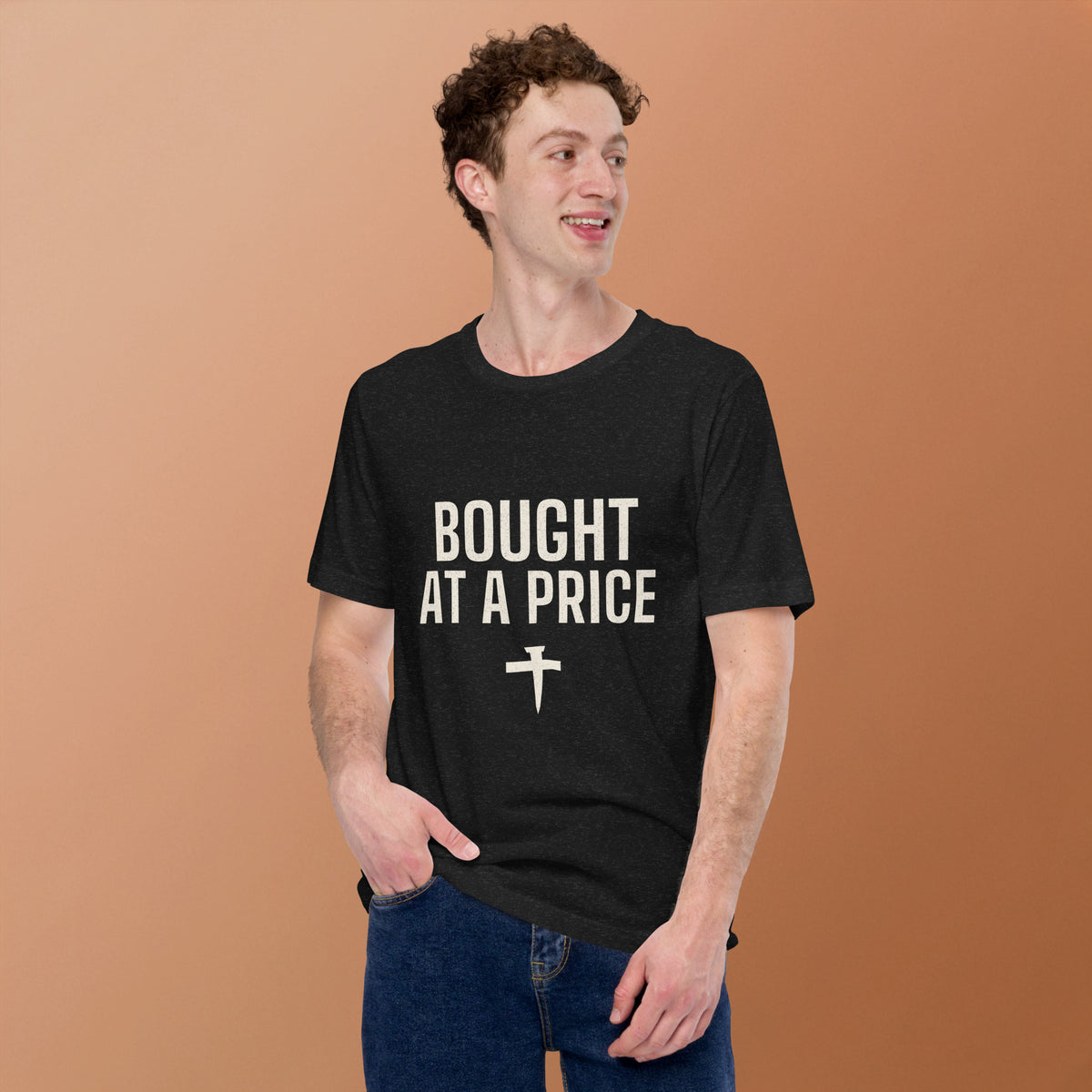 Man wearing the Bought At A Price t-shirt in black heather with cream nail-cross print, front view
